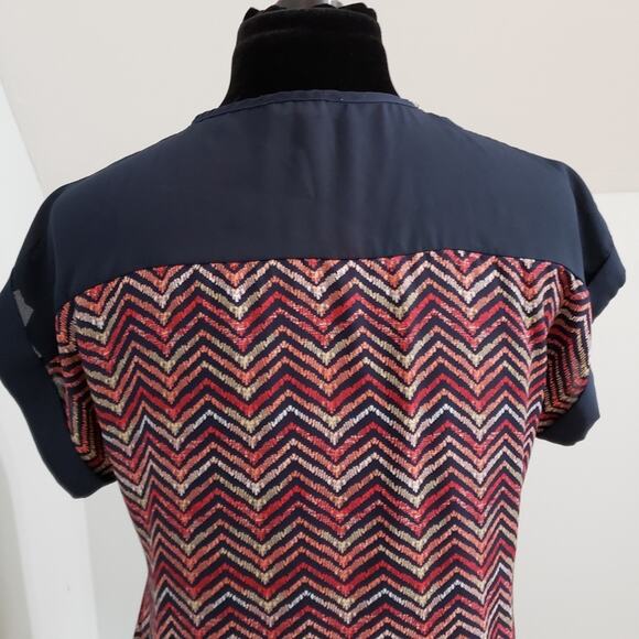 Chevron Striped Zipper Semi Sheer Short Sleeve Top Large Indie Boho Chic Retr - Picture 10 of 13